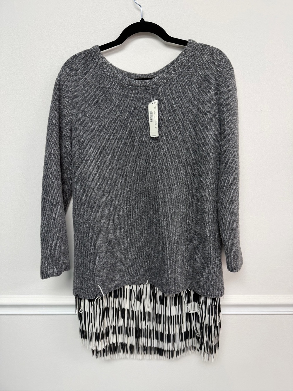 J. Crew Gray Crewneck Sweater with Black & White Fringe Hem